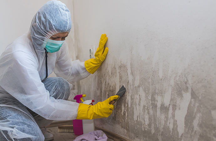 Cleaning expert in hazardous suit removing mold from wall